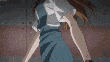 a girl in a blue dress is standing in a dark room