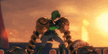 a cartoon character with a green head and arms is standing in front of a fire