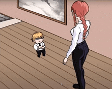 a cartoon drawing of a woman standing next to a little boy