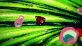 a painting of a monkey in a green field with bubbles