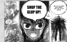 a black and white drawing of a girl with a speech bubble saying " shup the glup up "