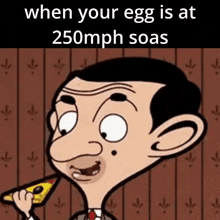 a cartoon of mr bean eating a piece of pizza