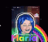a woman with blue hair and the word maria on the bottom right