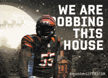 a football player with the number 55 standing in front of a house