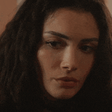 a close up of a woman 's face with a slight smile on her face