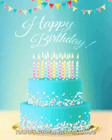 a blue birthday cake with candles and sprinkles with the words happy birthday marsha
