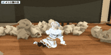 a cartoon of a girl kneeling in front of a pile of crumpled paper