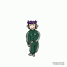 a cartoon of a boy with purple hair and blue eyes wearing a green jacket and pants .