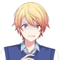 a boy with blonde hair and red eyes is wearing a blue vest and a white shirt .