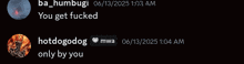 a screenshot of a conversation between ba_humbugi and hotdogdog