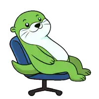 a green otter is sitting in a blue chair holding a game controller