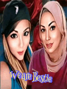 two women are posing for a picture and the words we are bestie are on the bottom