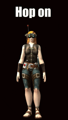 a video game character is standing in front of a black background that says " hop on "
