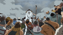 a group of people are gathered around a man in a white coat holding a spear