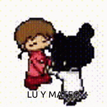 a cartoon of a girl kissing a black bear with the name lu y mateo on the bottom right