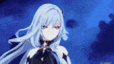 a girl with long blue hair is standing in front of a cloudy sky