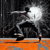 a painting of a man jumping in the air with a globe in the background