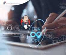 a man is using a tablet with a cartoon of a man holding a cup of coffee and the words dev ops on the screen