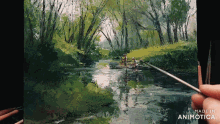 a person is painting a river scene with the words made in animotica below it