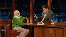 a man in a green sweater is pointing at another man