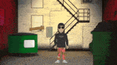 a cartoon character wearing sunglasses and a hoodie that says n.b.crew stands in front of a fire escape
