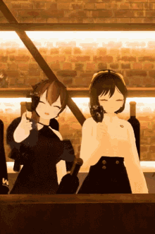 two anime girls standing next to each other holding bottles of wine