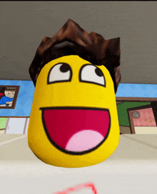 a yellow smiley face with brown hair and a big smile