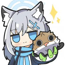 a drawing of a girl with a cross on her head holding a small animal