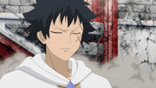 a cartoon character with a white hoodie and black hair