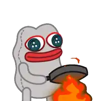 a cartoon character is holding a frying pan with a green pepper on his head