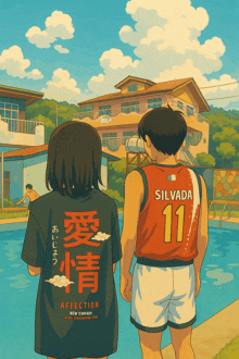 a man and a woman standing next to a pool with a shirt that says affection