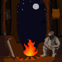 a pixel art of a knight sitting around a fire