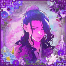a picture of a man with purple hair is surrounded by purple flowers and has the word picmix at the bottom
