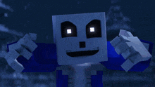 a skeleton with glowing eyes and a blue shirt is smiling