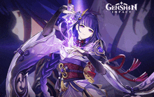 a genshin impact poster with a purple haired girl holding a sword