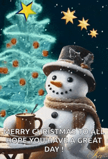 a snowman is holding a cup of coffee in front of a christmas tree .
