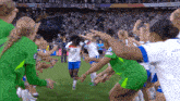 a soccer player with the number 17 on her shirt is surrounded by other players