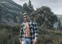 a shirtless man wearing sunglasses and a plaid shirt is standing in a field