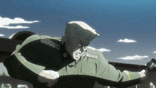 a cartoon of a man in a military uniform with a blue sky in the background