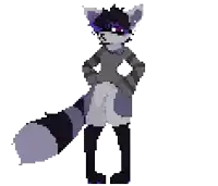 a pixel art drawing of a raccoon wearing a sweater and pants .