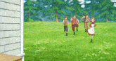 a group of people running in a grassy field with trees in the background