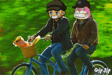 two men are riding a tandem bike with a basket full of food and the words gif jif on the bottom