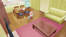 a girl in a hat stands in a living room