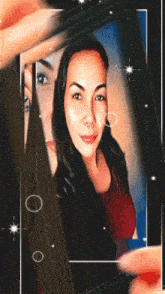 a woman in a red sweater is surrounded by other pictures