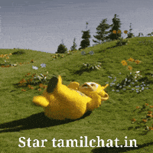 a picture of teletubbies laying on their backs in a field