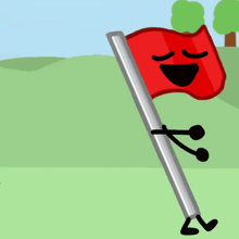 a cartoon character is holding a red flag on a pole in a grassy field .