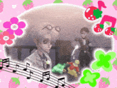 a picture of a man with glasses surrounded by strawberries and music notes