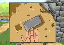 a pixel art of a hand holding a stone