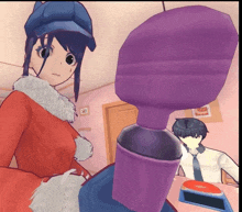 a girl in a red coat stands next to a purple object and a man in a white shirt