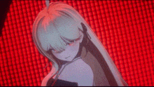 a girl with long white hair is standing in front of a red background with her eyes closed .